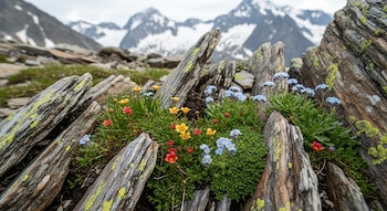 Primer plano de plantas alpinas coloridas (azules, rojas, amarillas) creciendo entre rocas grises y verdes en la alta montaña, con picos nevados desenfocados al fondo.
