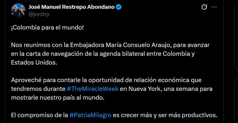 El vicepresidente José Manuel Restrepo informó a través de X que sostuvo una reunión con la embajadora para avanzar en la definición de la agenda bilateral entre Colombia y Estados Unidos - crédito @jrestrp/X