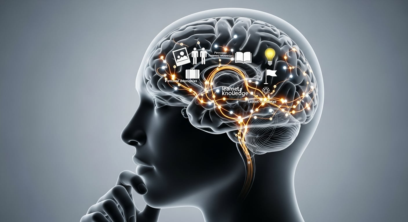 Imagen conceptual que muestra el cerebro humano y una red de conexiones neuronales activas, acompañadas de iconos que representan memoria, aprendizaje, creatividad e innovación. La gráfica ilustra cómo se almacena y procesa el conocimiento en la mente, resaltando la importancia de las ideas y la inteligencia para el desarrollo personal y profesional. (Imagen Ilustrativa Infobae)
