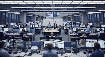 Amplia sala de redacción con muchos periodistas trabajando en escritorios individuales equipados con múltiples monitores, y varios grupos reunidos.