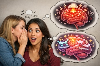 Una mujer rubia le susurra a una mujer morena sorprendida, con burbujas de pensamiento mostrando cerebros ilustrados con símbolos de estrés y de dopamina y serotonina.