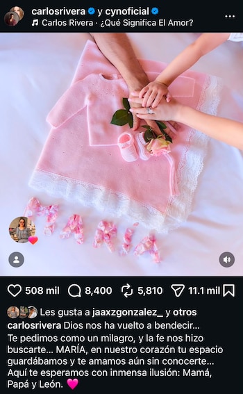 Carlos Rivera y Cynthia Rodríguez compartieron en rede sociales un emotivo mensaje para su futura hija, María (ig/carlosrivera)