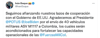 Iván Duque agradeció a Joe Biden por la donación de 40 vehículos militares. Captura de pantalla