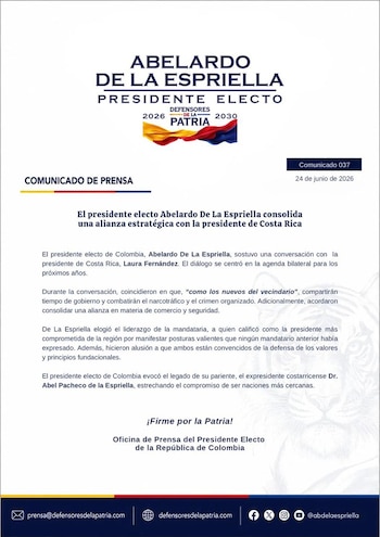 De La Espriella informó que conversó también con la presidenta de Costa Rica Laura Fernández, con la que dijo haber definido una agenda para “fortalecer la cooperación bilateral” - crédito @defensoresco/X