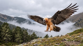 Un quebrantahuesos vuela sobre una ladera rocosa con las alas y garras extendidas, con pinos y niebla de fondo.