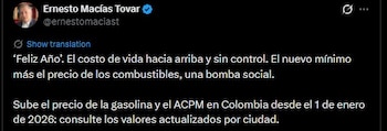Ernesto Macias sobre el alza de precio del combustible - crédito captura de pantalla / X