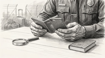 Ilustración monocromática: manos de un agente sosteniendo un pasaporte y un móvil sobre mesa con lupa y Biblia. Fondo con vallas y equipaje.