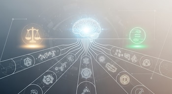 Ilustración de un cerebro digital brillante conectado a múltiples caminos con iconos de báscula de justicia y manos de equidad, sobre un fondo abstracto neutro.