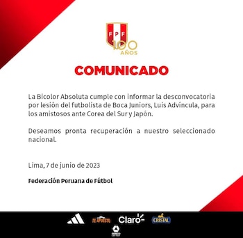 Comunicado de la selección peruana anunciando desconvocatoria de Luis Advíncula para amistosos contra Japón y Corea del Sur.
