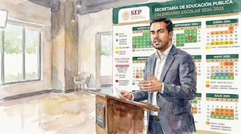 Ilustración en acuarela de un hombre con barba en un podio con un micrófono, frente a un gran calendario de la SEP y un logo de Movimiento Ciudadano.