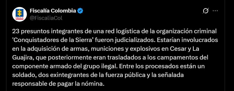 Capturan a 23 integrantes, incluidos militares activos y retirados, por abastecer de armas y explosivos a grupos armados en Cesar y La Guajira - crédito @FiscaliaCol / X