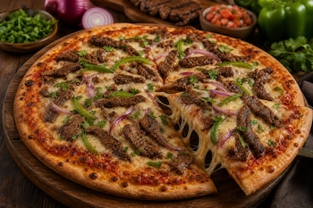 Una pizza circular con carne asada, queso derretido, cebolla y pimiento sobre una tabla de madera, con una porción levantada.