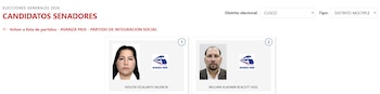Página web con candidatos a senador por Cusco para 2026. Muestra fotos de Violeta Escalante Valencia y William Vladimir Blacutt Vigil, con el logo de Avanta País