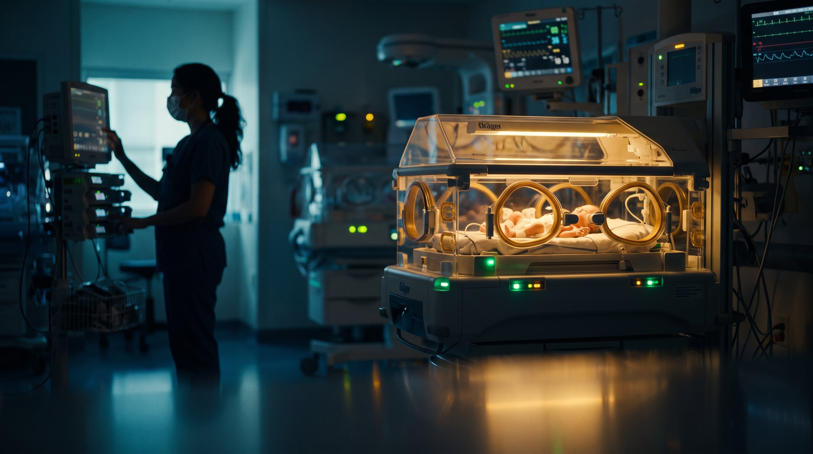 Una especialista médica ajusta un monitor de control junto a una incubadora con un recién nacido en una unidad de cuidados intensivos neonatales. (Imagen Ilustrativa Infobae)