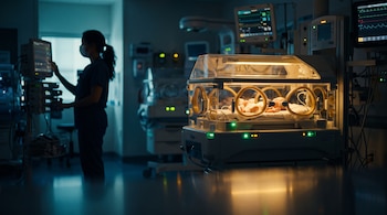 Una incubadora iluminada con un recién nacido en el interior y una persona con uniforme médico manipulando un monitor al fondo.