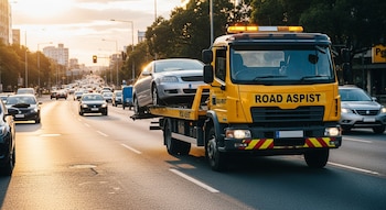 Grúa de remolque amarilla con luces naranjas traslada un coche plateado por una carretera urbana con más vehículos, edificios y árboles.