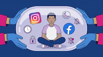 Un joven sentado dentro de una cápsula transparente rodeado por logos de Instagram, Facebook e iconos de seguridad, sostenida por cuatro manos.