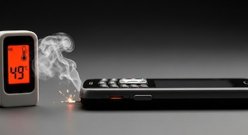 Un celular sobre una superficie gris muestra humo blanco y chispas. Un termómetro digital cercano indica cuarenta y nueve grados Celsius.