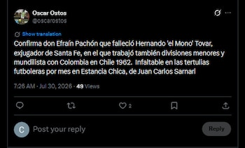 Hernando Tovar, exfutbolista de la Selección Colombia y mundialista en Chile 1962, murió a los 88 años-crédito @oscarostos/X