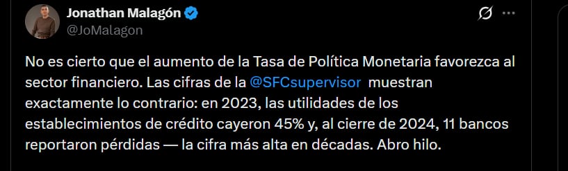 Jonathan Malagón aseguró que no existe relación entre el aumento de la TPM y mayores utilidades para los bancos - crédito @JoMalagon/X