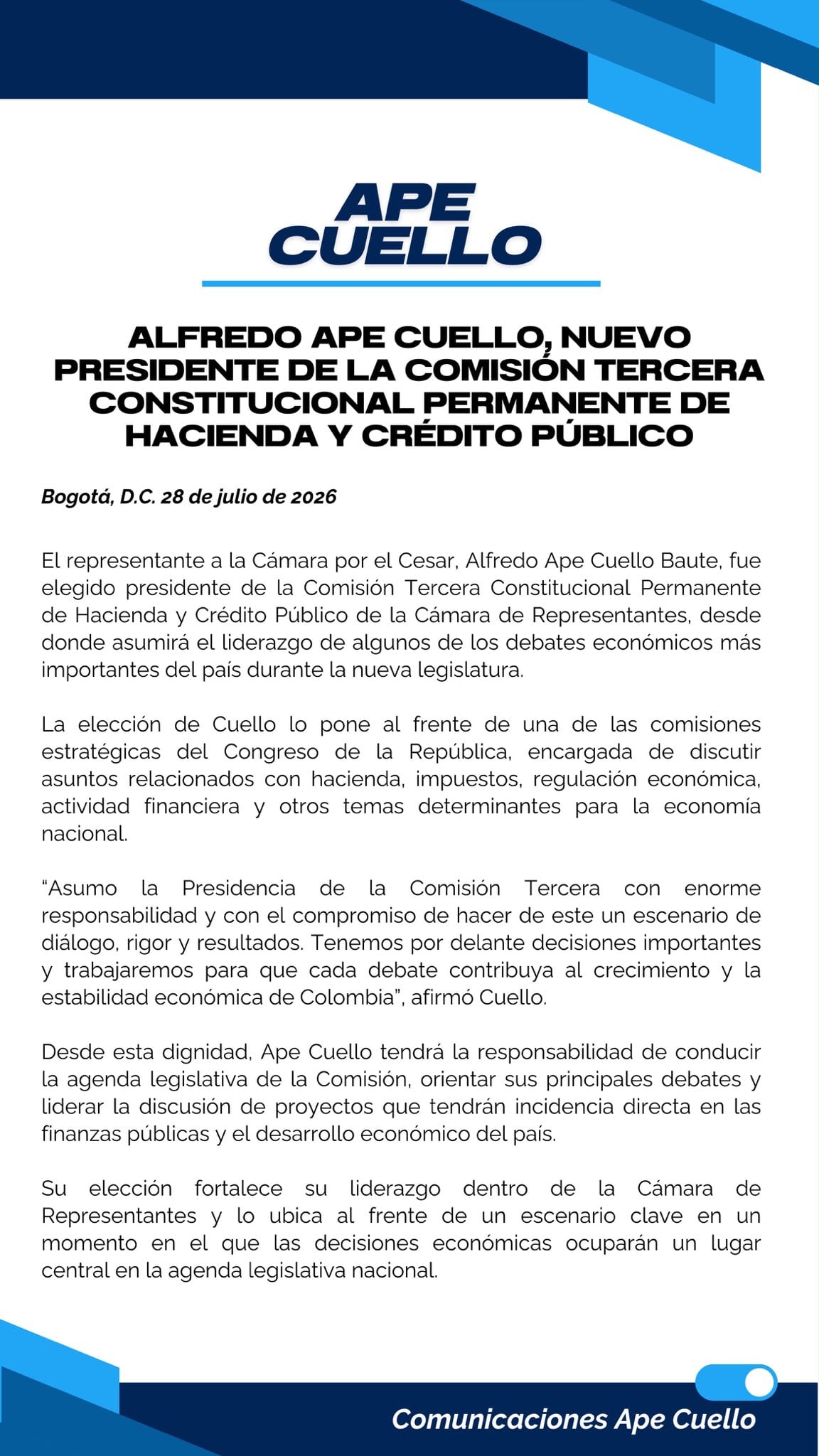 El anuncio de la elección fue divulgado a través de un comunicado de su equipo de comunicaciones. - crédito Alfredo ‘Ape’ Cuello