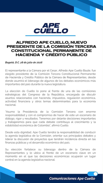 El anuncio de la elección fue divulgado a través de un comunicado de su equipo de comunicaciones. - crédito Alfredo ‘Ape’ Cuello