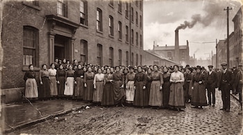 Decenas de mujeres con ropa de época permanecen alineadas en una calle adoquinada frente a un edificio industrial con chimenea.
