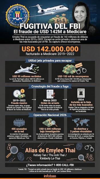 Logo del FBI, retrato de una mujer, avión privado, bolsas de dinero, fajos de billetes, esposas, cartel de "Wanted", reloj, documento, huella dactilar, mapa mundial