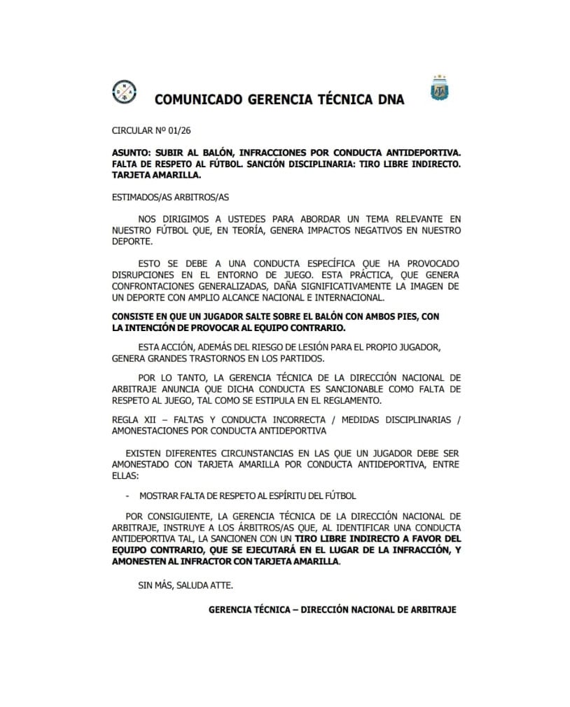 El comunicado de la Dirección Nacional de Arbitraje