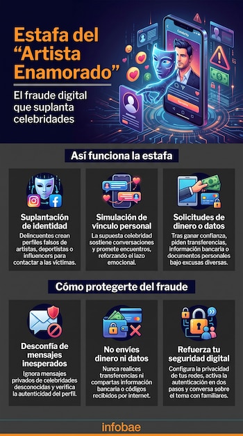 Teléfono móvil con perfil de celebridad en pantalla, máscara digital, iconos de redes sociales, dinero, candados y símbolos de alerta.