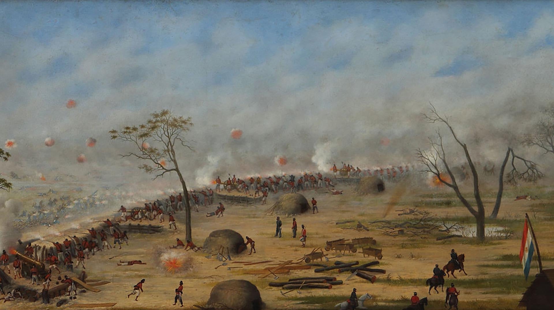 Escena de la batalla de Curupaytí. Recrea las defensas paraguayas (Oleo de Cándido López)