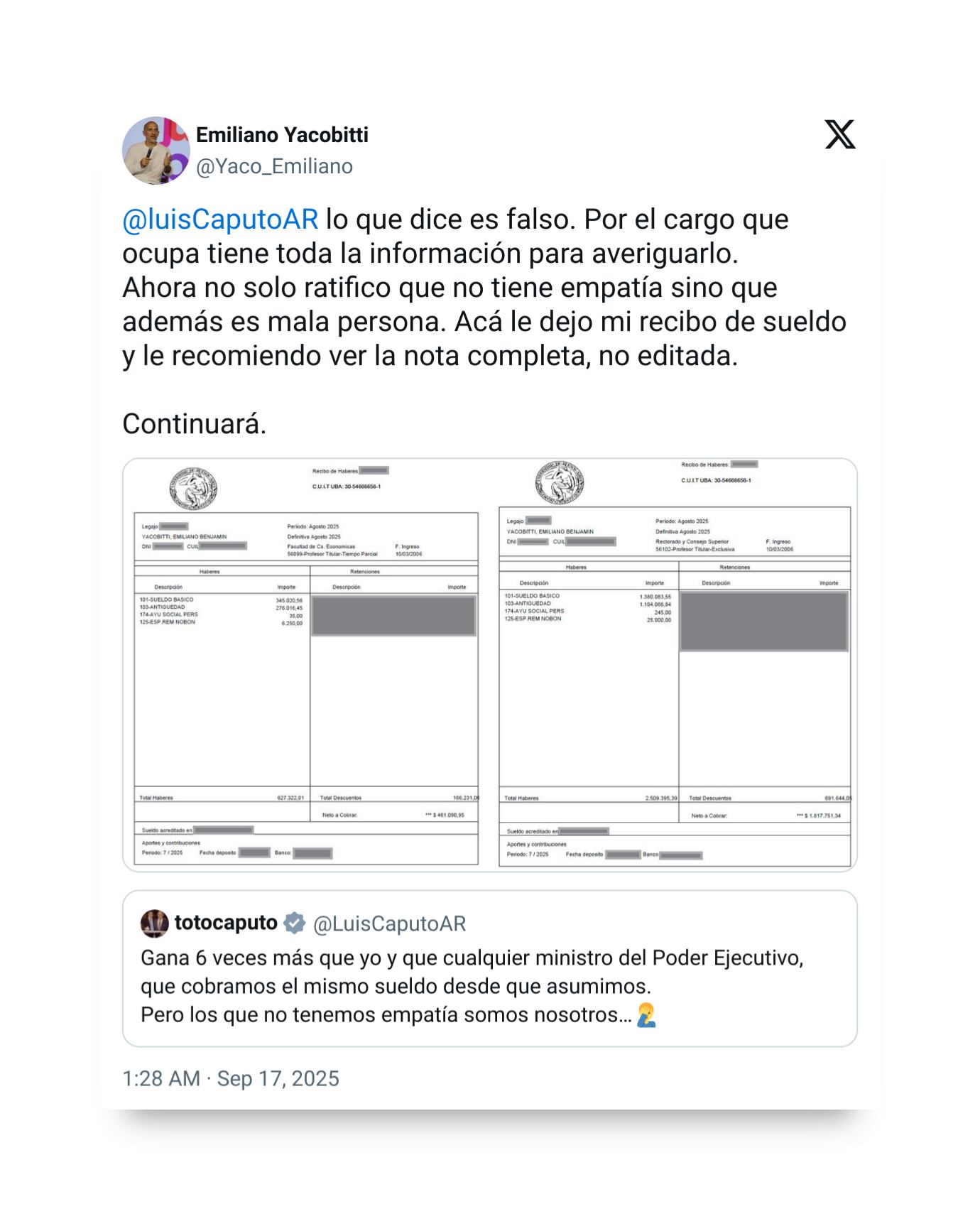 Emiliano Yacobitti publicó su recibo de sueldo