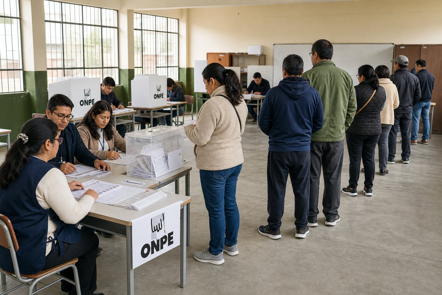 Ciudadanos peruanos forman fila para emitir su voto ante los miembros de mesa en un centro electoral habilitado por la ONPE. (Imagen Ilustrativa Infobae)