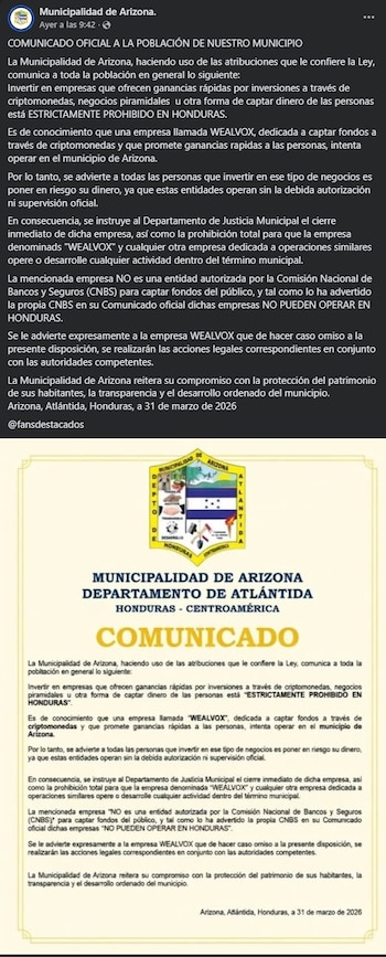 Un comunicado de la comuna municipal señaló que la compañía captaba dinero en criptomonedas mediante ofertas de altos rendimientos, sin respaldo de las autoridades financieras nacionales ni autorización para operar en el país.