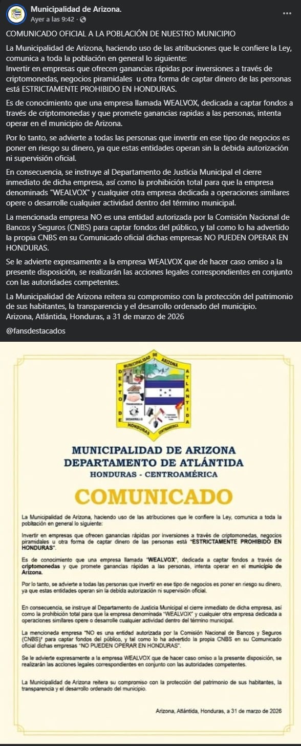 Un comunicado de la comuna municipal señaló que la compañía captaba dinero en criptomonedas mediante ofertas de altos rendimientos, sin respaldo de las autoridades financieras nacionales ni autorización para operar en el país.