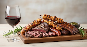 Primer plano de una copa de vino tinto junto a una tabla de madera con bistec asado en rodajas, salchichas, brochetas de pollo y costillas, con romero.
