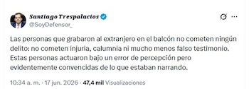 El abogado penalista Santiago Trespalacios compartió su visión del caso luego del anuncio que hizo el jurista que defiende al ciudadano estadounidense Grant Gail - crédito @SoyDefensor_/X