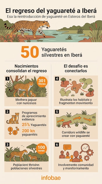 Infografía con ilustraciones de yaguaretés en un entorno natural, datos numéricos y seis esquemas explicativos con el logotipo de Infobae.