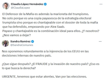 Claudia López y Sandra Ramírez cuestionaron el apoyo del mandatario estadounidense y pidieron respeto por las decisiones de los colombianos. - crédito X