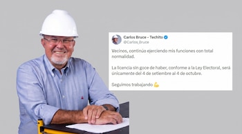 Carlos Bruce, con casco blanco y camisa azul, sonríe a la cámara; a su derecha, se muestra una publicación de su cuenta de X sobre su continuidad laboral.
