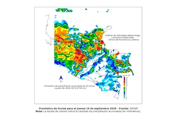 Pronóstico de lluvias para el jueves 10 de septiembre 2026. La escala de colores indica la cantidad de precipitación acumulada (en milímetros) - crédito Ideam