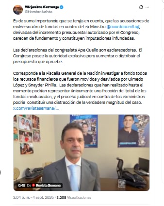 El abogado Alejandro Carranza aseguró que la Fiscalía debe investigar recursos de la Ungrd que fueron malversados, por los cuales se investiga a Ricardo Bonilla - crédito @HombreJurista/X