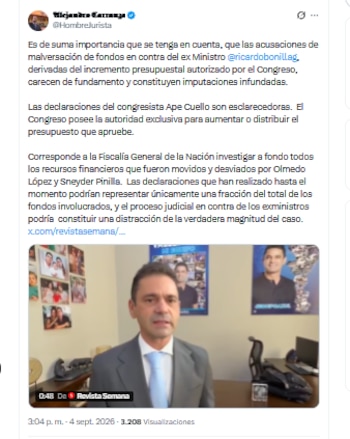 El abogado Alejandro Carranza aseguró que la Fiscalía debe investigar recursos de la Ungrd que fueron malversados, por los cuales se investiga a Ricardo Bonilla - crédito @HombreJurista/X