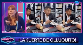 Magaly Medina en un set de televisión y Christian Domínguez examinando anillos en una tienda de ropa formal con trajes al fondo