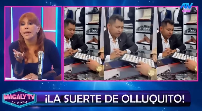 Magaly Medina aparece en su programa criticando los canjes de Christian Domínguez y Karla Tarazona para su boda, mientras se muestran imágenes de él eligiendo accesorios.