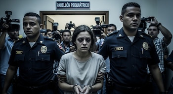 Mujer con esposas escoltada por dos policías, con un cartel que dice "Pabellón Psiquiátrico" sobre una puerta y varios camarógrafos detrás.