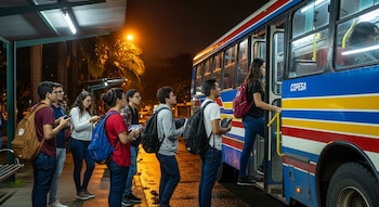 Un grupo de estudiantes universitarios espera y aborda un autobús de transporte público azul, rojo y amarillo en una parada iluminada por la noche.