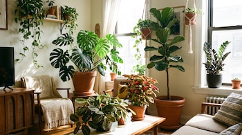 Una sala de estar luminosa con luz solar entrando por las ventanas, mostrando un sillón, una mesa y numerosas plantas de interior en macetas y colgantes.