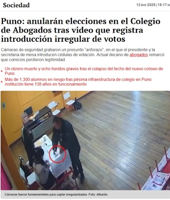 Video de seguridad muestra a un hombre insertando cédulas en una urna blanca sobre una mesa con una mujer sentada en un salón con piso de madera y paredes amarillas