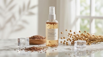 Un tónico facial de linaza en botella de spray transparente sobre una superficie blanca, rodeado de semillas de lino, ramas secas y cubos de hielo, bajo luz natural.